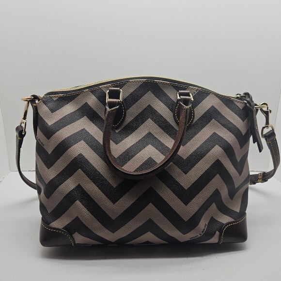 Dooney & Bourke | Chevron Leather Satchel Bag | Brown And Tan Geometric - Picture 4 of 12